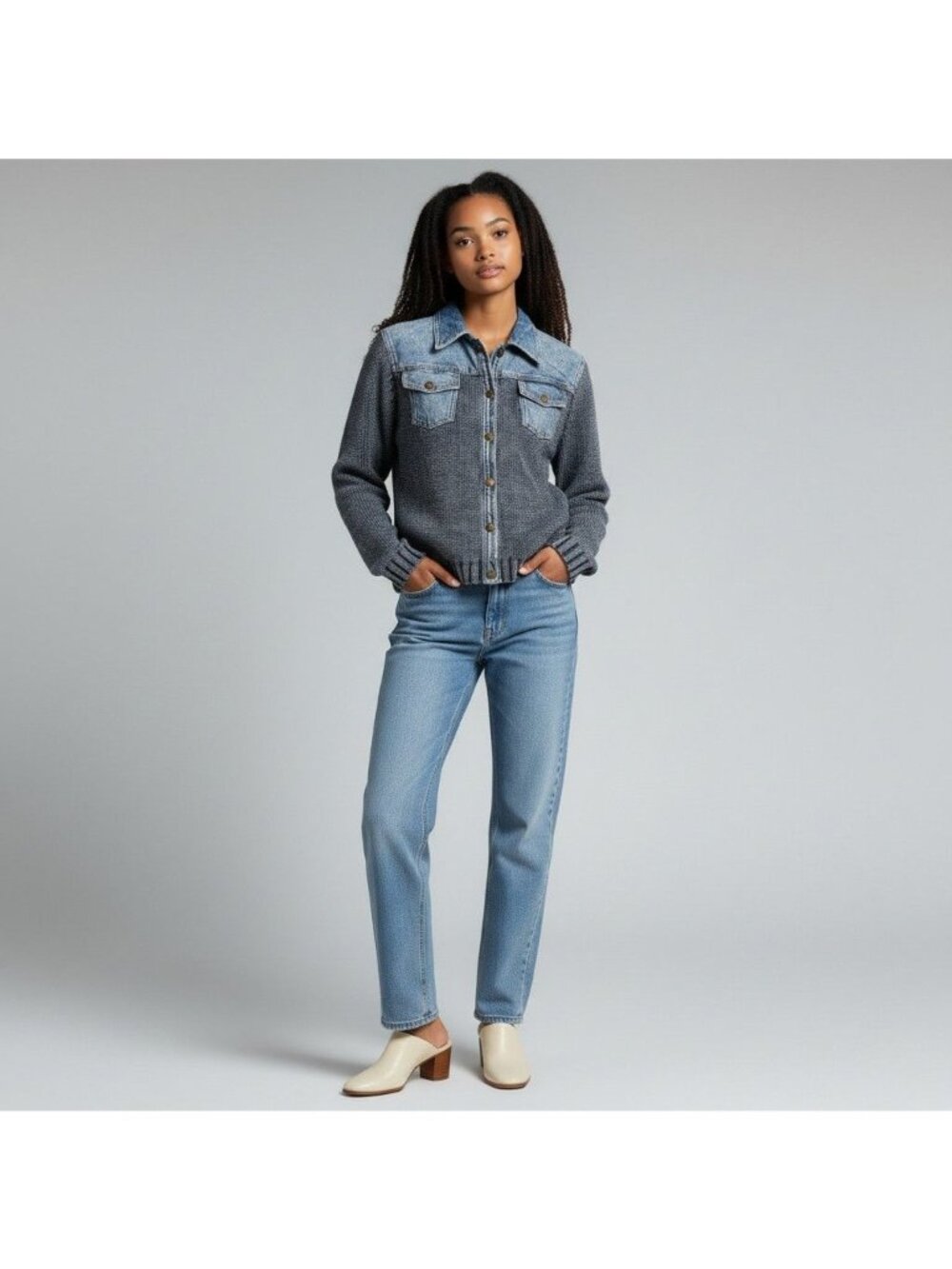 PBJ Blues Womens Denim-Style Knit Cardigan Snap Front Pockets S/P Blue Mixed Med